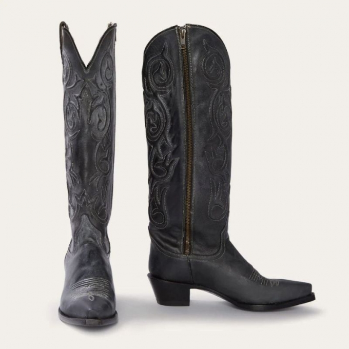 STETSON | FOR WOMEN | BLACK CORDED DESIGN SIDE ZIP COWBOY BOOT-Black