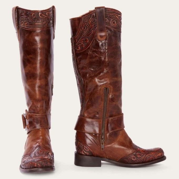 STETSON | FOR WOMEN | BURNISHED COGNAC PAISLEY SIDE ZIP COWBOY BOOT-Tan